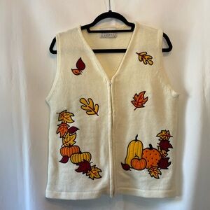 Unique Vintage Women's Zip Up Sweater Vest Fall Harvest Appliqué Embroidered  LG